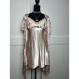 Y2K Morgan Taylor Pink Butterfly Satin Robe & Slip Set Coquette L